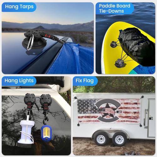 2/4Pcs Upgrade Heavy Duty Rotating Vacuum Suction Cups Anchor Hooks with 2/4Pcs Buckles,Large Hook Suction Cup Hangers,Strong Suction Cup Hook for RV Awning Camping,Window Suction Cups with Hook