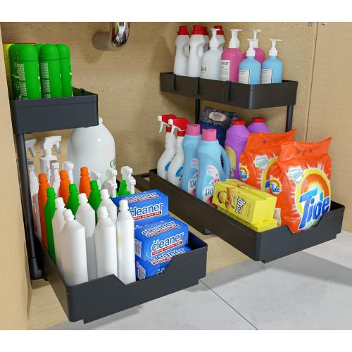 NATURE'S SOURCE 2 Pack Under Sink Organizer 2 Tier Sliding Cabinet Organizers Multi-Purpose Sink Storage Basket L-Shape Narrow Space Storage Shelves with 4 Hook for Kitchen Bathroom Drawer, Black