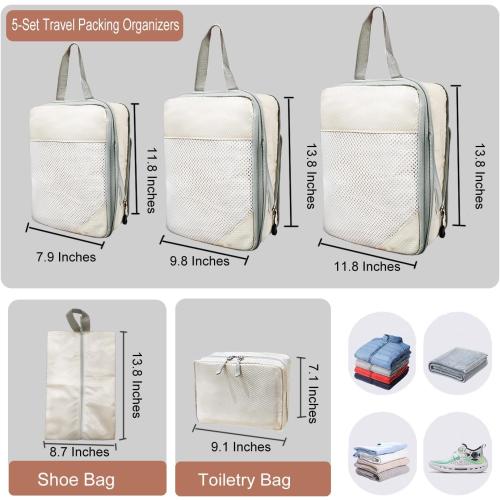 5 Set Compression Packing Cubes for Travel, Lightweight Space-Saving Luggage Organizers, Sturdy Water-Resistant Suitcase Organizer, Travel Accessories and Essentials (Cream 5 Set)