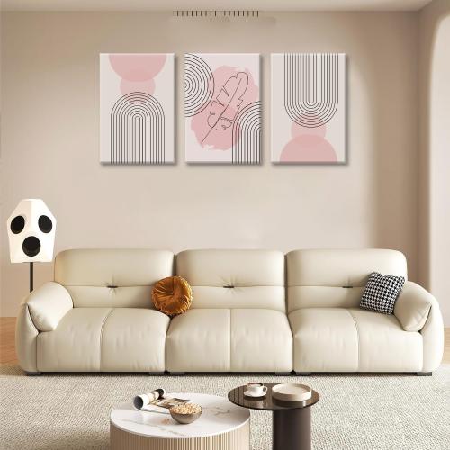 Fetyiu 3 Piece Boho Wall Art Pink Canvas Art Prints Mid-Century Modern Paintings Abstract Pictures Geometric Wall Decor Lines Artwork for Bedroom Office  Framed