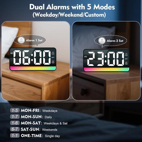 ALANAS 7 Large Digital Alarm Clock with RGB Color Changing Night Light，Dual Alarms, USB Charging, Snooze, Adjustable Brightness, Loud for Heavy Sleepers for Bedroom, Desk, Kids, Teens, Adults