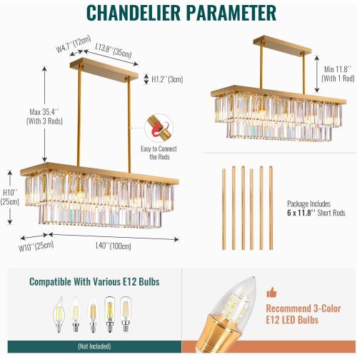 Siljoy 10-Light Rectangle Gold Crystal Chandelier for Dining Room Modern Rectangular 2 Tiers Crystal Raindrop Chandelier Linear Pendant Ceiling Light Fixture for Kitchen Island L40'' x W10'' x H10''