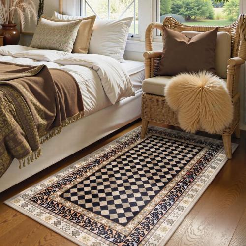 Wonnitar Washable 3x5 Checkered Kitchen Rug, Black and Brown Trellis Rugs for Bedroom, Stain Resistant Non Slip Funky Carpet Throw Rugs for Bathroom Entryway Laundry Living Room Home Decor(Black,3x5)