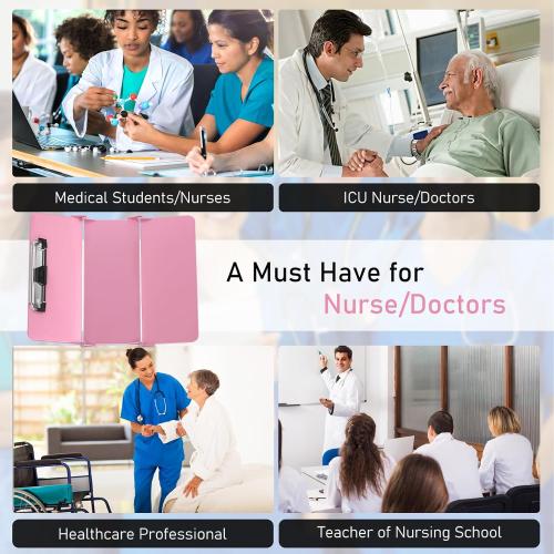 Nursing Clipboard Foldable, Foldable Clip Board w/Nursing Edition Cheat Charts, 3 Layers Aluminum, Nurse Plank w/Low Profile Clip&Pen Clip Pocket for Students, Nurses and Doctors, Pink