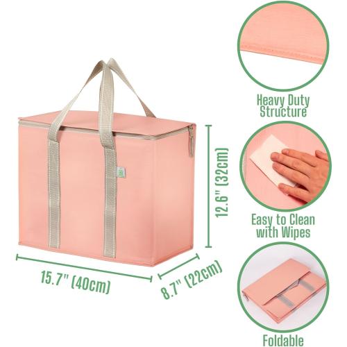 VENO 2 Pack Cooler Bag and Insulated Grocery Bags for Food Delivery, Collapsible Cooler. Reusable Shopping Bags for Groceries with Hard Bottom, Zippered, Foldable, Heavy-Duty (Peach Pink, 2 Pack)