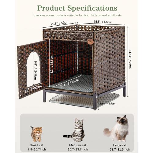 SETVSON Cat Litter Box Enclosure Hidden Litter Box Furniture with Metal Heightened Feet, Rattan Handwoven Cat House with Litter Mat, Hidden Litter Box Furniture for Bedroom Living Room Brown