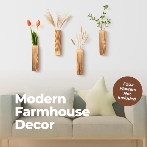 4 Pack Wood Wall Planter for Indoor Plants - Modern Farmhouse Living, Bathroom & Bedroom Wall Decor - Hanging Wooden Pocket Wall Vase for Faux Dried Flowers - Boho Wall Plant Holder - Wood Wall Decor