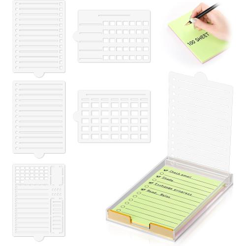 4 x 6 Sticky Notes Holder with 5 Different Stencil & 100 Sheet Post It Notes Clear Acrylic Self-Stick Sticky Note Dispenser Post It Note Holder Memo Organizer for Classroom Office Desk Organizer