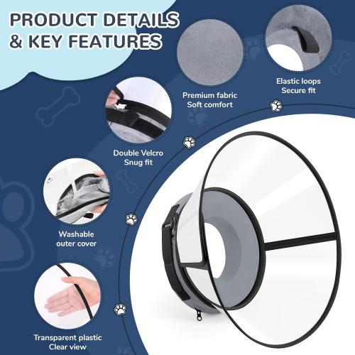Sponge Core Dog Cone, Inflatable Dog Cone Collar Alternative, Dogs Donut Collar After Surgery, Soft Cone for Large Medium Small Dogs to Stop Licking, No Inflation Required, Clear View(Size 8, Gray)