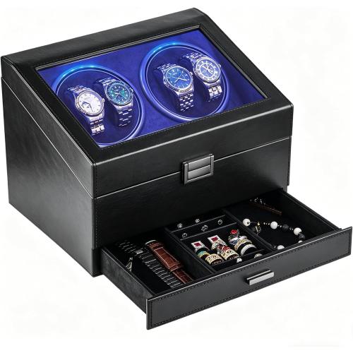 J&T Technology 4 Watch Winder with 6-Slots Watch Storage and Jewelry Drawer | 3-in-1 Storage System,Auto-Winding,Extra Storage,Jewelry Case,Japanese Quiet Motor with 4 Programmable Modes,LED Light