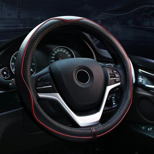 Valleycomfy Steering Wheel Covers Universal 15 inch - Genuine Leather, Breathable, Anti Slip & Odor Free (Black with Red Lines, M(14 1/2-15 1/4))