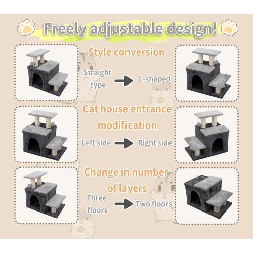 3-in-1 Pet Stairs for Cats for High Bed, Adjustable Dog Steps, Modular 3-Tier, Cushioned Steps & Big Cat Condo, Adjustable Entrance, Dangling Ball, for Kittens, Senior & Fat Cats (Grey, Large)