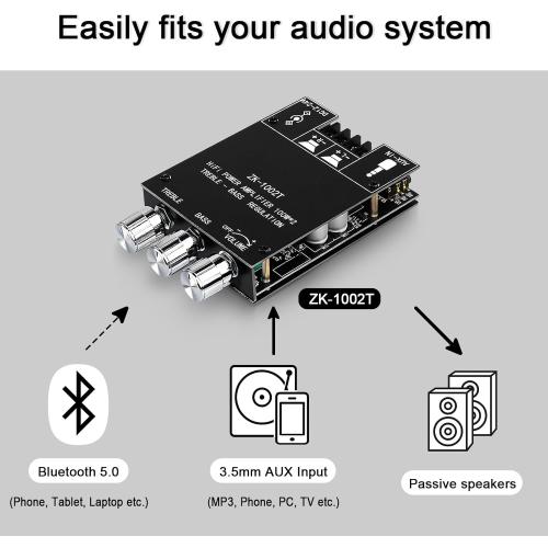 ZK-1002T 100W 100W Bluetooth Amplifier Board, 2.0 Channel Bluetooth 5.0 Subwoofer Audio AMP with Treble and Bass Control, DC12-24V, BT and AUX Inputs, TPA3116D2 Chip Stereo AMP Board for DIY Speakers
