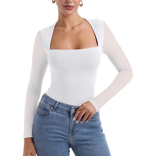 Size S PINKMSTYLE Womens Mesh Square Neck Long Sleeve Bodysuit Going Out Tops Date Night Outfit 2025