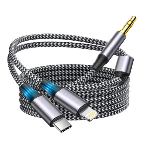 Apple MFi Certified Aux Cord for iPhone, 2 in 1 USB-C & Lightning to 3.5mm Jack Audio Cable for iPhone 16 15 14 13 12 11 XS XR X 8 7 6 iPad to Car/Home Stereo/Headphone/Speaker (Silver)
