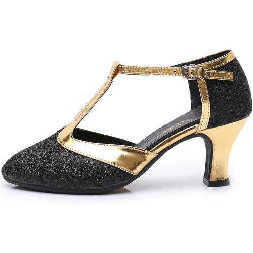 Dance and Sway t strap ballroom dance shoes, black and gold(Size 6)