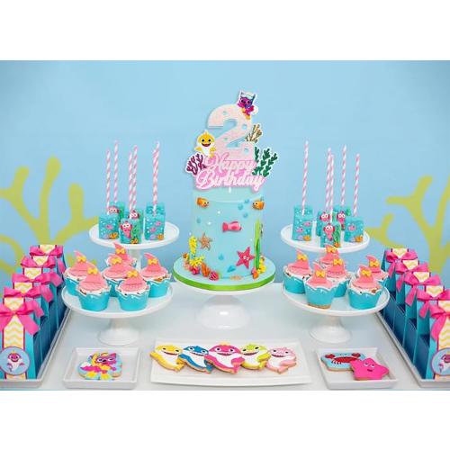 Shark Baby 2nd Birthday Cake Topper Girl,Shark Cake Topper 2,Shark 2 Cake Topper For Baby Girls Shark Two Birthday Decorations Party Supplies