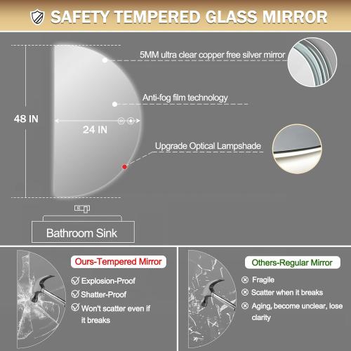 48× 24 Half Moon LED Mirror for Bathroom, Lighted LED Vanity Mirror with Backlit, Anti-Fog,Dimmable 3-Color Lights, Frameless Irregular Smart Mirror