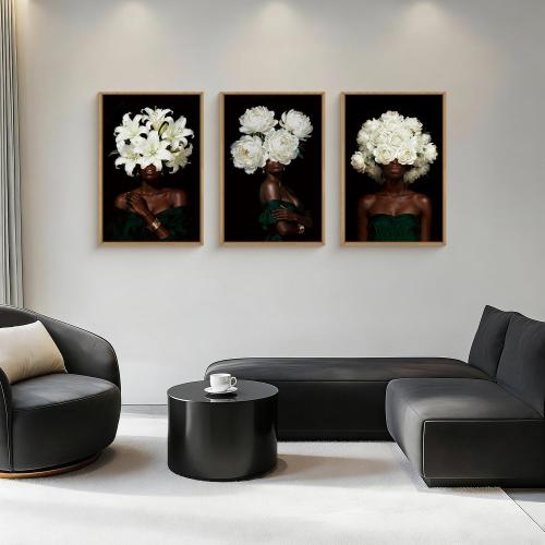 HPINUB Black Woman Framed Canvas Prints Wall Art Set, Abstract White Hydrangea Wall Decor, Vintage African American Girl Art Photos for Living Room, Bedroom, Dining Room, Office, Bathroom - 16x24x3