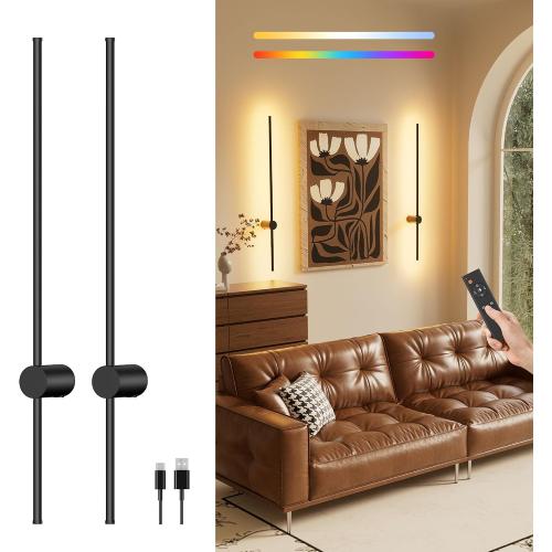 Size 40 2 pack Rechargeable Battery Operated Wall Sconce Set of 2, Dimmable LED Wall Lamps with Remote Control, Wireless Wall Lights for Bedroom, Living Room, Hallway, 40-Inch, Black, 2 Pack