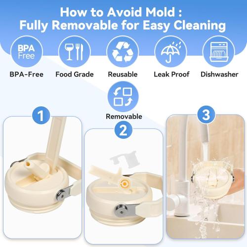 Flip Straw Lid for Stanley 30oz and 20oz, Leak Proof Top Replacement with Handle for 30&20 oz Stanley Quencher and ProTour, Detachable No Spill Lids Reusable Lids Accessories for StanleyCup, Cream