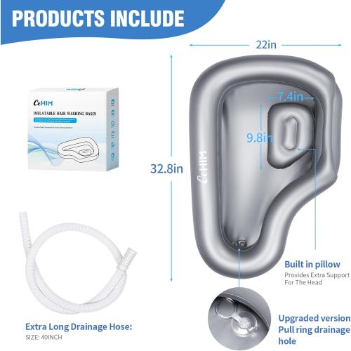 Portable Inflatable Shampoo Basin for Bedridden Elderly, Hair Washing Bowl with Drain Hose & Neck Support, PVC Inflatable Shampoo Bowl for Bedridden Patients, Disabled, Seniors, Kids, Home Care