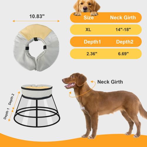 Sponge Core Dog Cat Cone Collar for After Surgery Recovery, Inflatable Dog Cone Alternative, Lainergie Dogs Donut Collar Adjustable with 2PCS Cover for Large Medium Small Dogs Cats (Grey Yellow, XL)