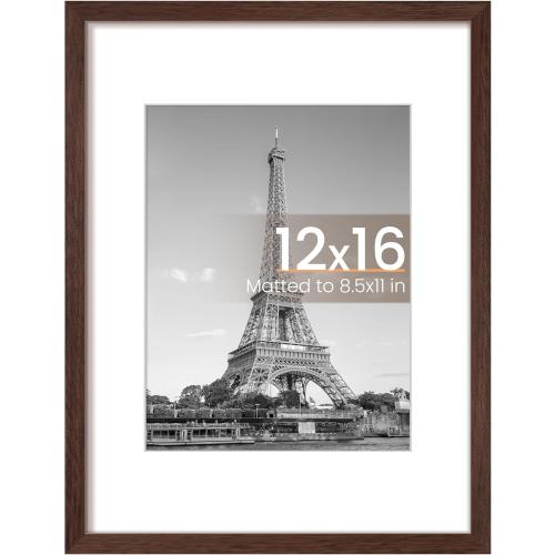 12x16 Picture Frame, Display Pictures 8.5x11 with Mat or 12 x 16 Without, Wall Hanging Poster Frames, Brown, 1 Pack
