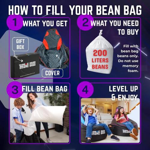 Throne Boss Gaming Bean Bag Chair Cover for Kids with High Back, Purple – Floor Gaming Chair Cover, Easy to Clean Fabric, Large Side Pockets, Headphone Hanger, Requires 200 Liters Polystyrene Beans