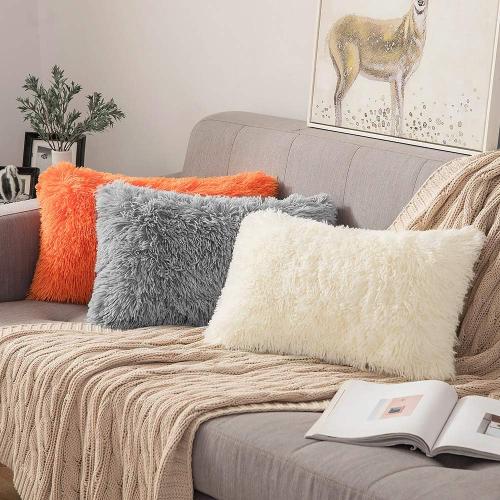 ANRODUO Pack of 2 Beige Throw Pillows Luxury Fluffy Pillows Faux Fur Decorative Pillows Plush Cushion Case Fuzzy Mongolian Merin Style for Bed Couch Sofa and Living Room Spring Home Decor 16x16 Inch