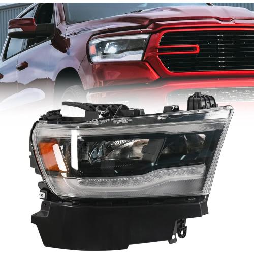 FIONE LED Headlight Assembly Compatible with Dodge Ram 1500 2019-2022 Black Cover Headlamp Right Passenger Side 68533274AA CH2503320