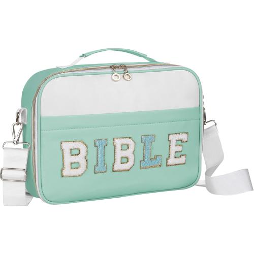 Bible Cover Case for Women, Large Chenille Letter Bible Carrying Case with Shoulder Strap, Church Bible Tote Bag for Woman Lady Teen Grils, Bible Totes for Bible Study Accessories-Green