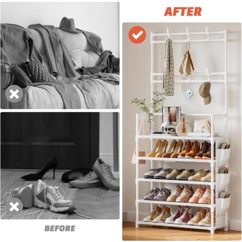 WHITE Shoe Rack 5 Tier Shoe Organizer Storage 15-20 Pairs Shoes Rack for Closet Entrance Shoe Rack Organizer with Hooks and Side Pocket Entryway Shoe Holder Space Saving Free Standing Shoe Racks