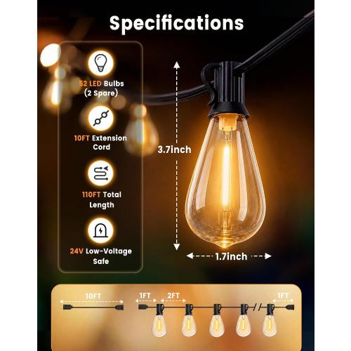 110FT(100 10) Outdoor LED String Lights with 2FT Bulb Spacing, Waterproof, Shatterproof, Dimmable, Warm White, 3 Lighting Modes, Timer, Plug in Hanging Backyard Lights for Outside, Patio