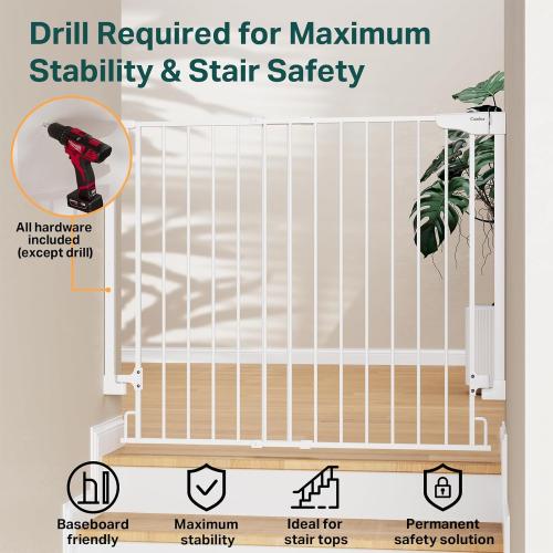Cumbor 34 Extra Tall No Bottom Bar Baby Gate for Stairs, 29.2-43 Dog Gate | Hardware Mounted, Expandable Extra Tall Safety Gate for Larger Pets, Dual Lock Pet Proof, Easy Walk-Thru for Access (White)