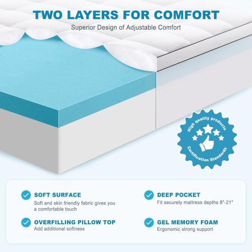 Size King Color white  King Size Dual Layer 4 Inch Memory Foam Mattress Topper, 2 Inch Gel Memory Foam and 2 Inch Cooling Pillow Top Mattress Pad Cover for Back Pain, Medium Support