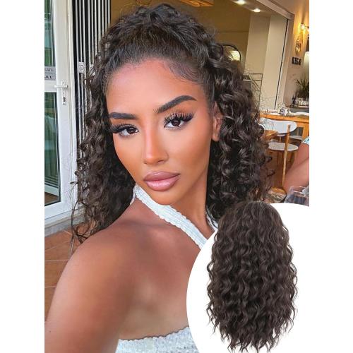 Size 12 Color Brown Isaic Ponytail Extension 12 Inch Long Wavy Curly Ponytails Drawstring Ponytail for Black Women Dark Brown Pony Tails Hair Extensions Synthetic Hairpiece for Daily Use