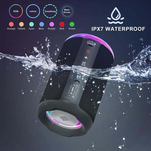 Portable Bluetooth Speaker, Stereo Sound Wireless Speakers with IPX7 Waterproof, LED Lights, Dual Pairing Speaker for Party/Home/Outdoor/Beach, Birthday Gift, Black, A7 Arance4