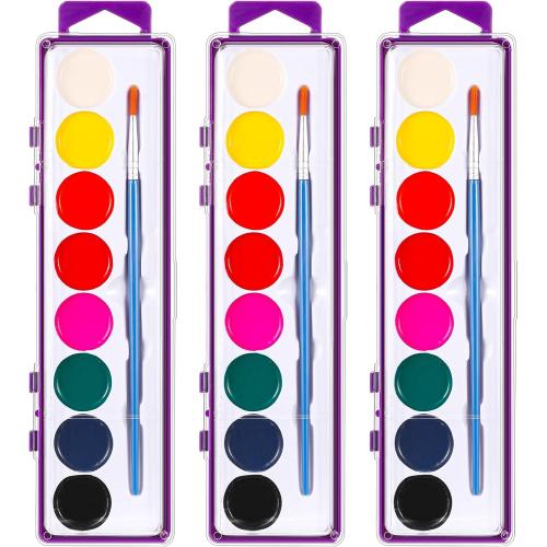 3 Pack 8 Colors Watercolor Paint Set Washable Watercolor Paint with Paint Brushes for Kids School Classroom Kindergarten Gifts Art Activities Party Supplies(Purple)