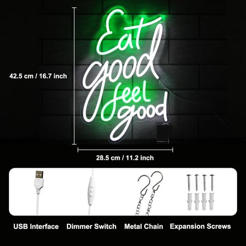 Eat Good Feel Good Neon Sign Green White Letter LED Neon Light Sign Food Neon Signs for Wall Decor Health LED Sign Dimmable Light Up Signs for Restaurant Kitchen Snack Shop Party Decor