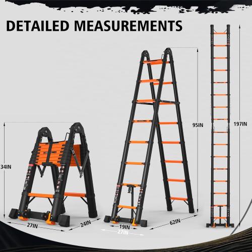 Size 16.5 Color orange Aluminum Telescoping Ladder, 16.5FT, 65 Steps, Orange, 330lbs Max Capacity, Meets EN131 Standard