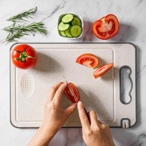 Titanium Cutting Board Double Sided for Kitchen,Knife Sharpener & Garlic Grater Wheat Straw   PP with Juice Groove Large Chopping Board（15×10In） Kitchen Necessities for Home