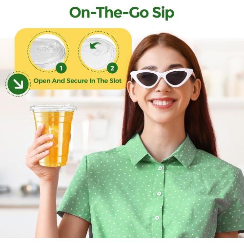 Glotoch Express Plastic Cups with Lids, [100 Sets - 16oz] Disposable Clear Crystal Iced Coffee Cups - Strawless Sip Lids - BPA Free Sturdy To Go Cup for Smoothie Cold Drinks Juice Party Wedding Event