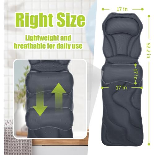 Full Body Bath Pillow for Tub - Extra Long & Thick Tub Pillow with Head, Back & Lumbar Support, 168 Non-Slip Suction Cups, Soft 5D Mesh Spa Cushion, Fits All Tubs-Gift for Soaking(Gray)