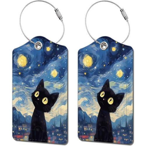 2 Pack Luggage Tag for Suitcase, Cute Unique Leather Bag Tags Identifiers Privacy Cover ID Label with Durable Steel Loop for Women Men Kids Girls Travel, Black cat Sky