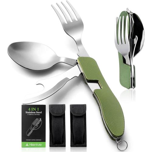 HIKENTURE Camping Utensils 2 Pack, 4-In-1 Stainless Steel Spoon Fork Knife Set Backpacking Travel Cutlery Metal Multitool Boy Scout(Green 2pack)