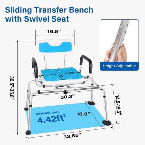 Sliding Shower Chair,Height Adjustable Tub Transfer Bench,360° Shower Swivel Seat,Bath and Shower Safety Seating with Handles for Seniors&Handicap,400Lb Capacity