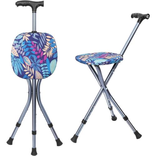 ENLUNTRA Portable Adjustable Folding Walking Cane with Seat and Cushion，Cane seat for Seniors with Magnetic Massage Handle, Lightweight Walking Cane with LED Light，Supports up to 330 Pounds