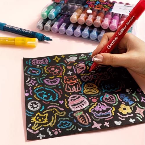 Grabie 24 Glitter Metallic Markers, Medium Tip Glitter Acrylic Paint Markers, Quick-Drying Water-based Ink Glitter Pens for Adults, DIY Crafts Making, Set of 24