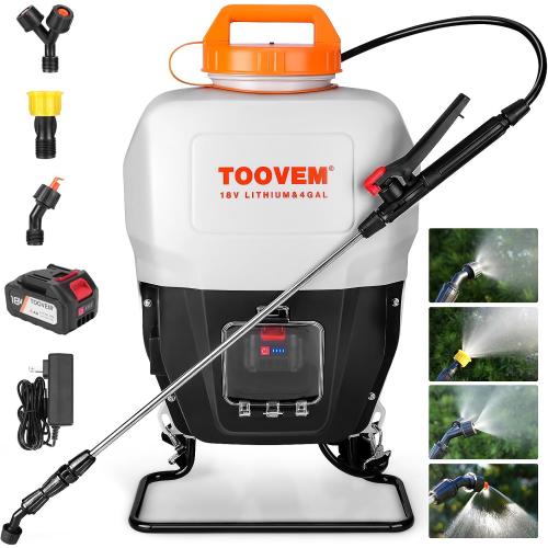 Toovem 4 Gallon Battery Powered Backpack Sprayer - Electric Garden Sprayer with 18V Strong Battery, Automatic Pressurization, 4 Nozzles, Comfortable Design for Lawn, Garden, Farms & Orchards Spraying